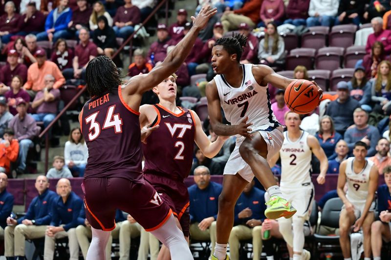 Feb 15, 2025; Blacksburg, Virginia, USA;  Virginia Cavaliers guard Dai Dai Ames (7) looks to pass the ball as Virginia Tech Hokies guard Jaden Schutt (2) and Virginia Tech Hokies forward Mylyjael Poteat (34) defends at Cassell Coliseum. Mandatory Credit: Brian Bishop-Imagn Images