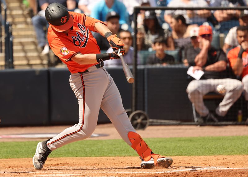 Mar 11, 2024; Tampa, Florida, USA;  Baltimore Orioles third baseman Tyler Nevin (41) singles during the fourth inning against the New York Yankees at George M. Steinbrenner Field. Mandatory Credit: Kim Klement Neitzel-USA TODAY Sports