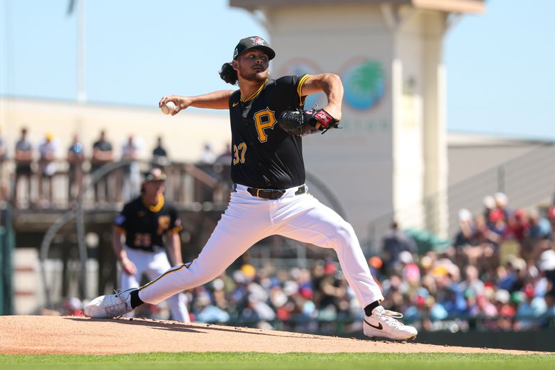 Mar 7, 2025; Bradenton, Florida, USA; Pittsburgh Pirates pitcher Jared Jones (37) throws a pitch against the Philadelphia Phillies in the first inning during spring training at LECOM Park. Mandatory Credit: Nathan Ray Seebeck-Imagn Images