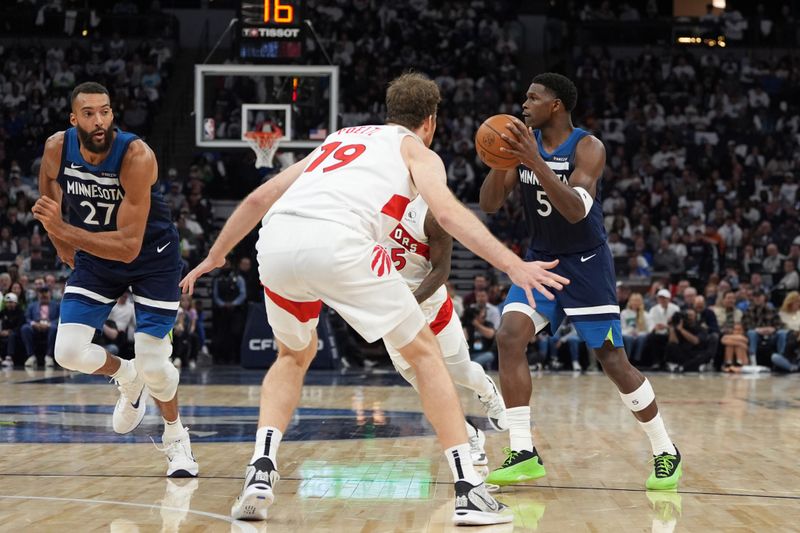 MINNEAPOLIS, MN -  OCTOBER 22: Anthony Edwards #5 of the Minnesota Timberwolves handles the ball during the game against the Toronto Raptors on October 22, 2024 at Target Center in Minneapolis, Minnesota. NOTE TO USER: User expressly acknowledges and agrees that, by downloading and or using this Photograph, user is consenting to the terms and conditions of the Getty Images License Agreement. Mandatory Copyright Notice: Copyright 2024 NBAE (Photo by Jordan Johnson/NBAE via Getty Images)