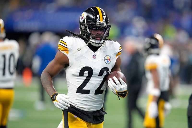 Pittsburgh Steelers running back Najee Harris (22) warms up before an NFL football game against the Indianapolis Colts in Indianapolis Saturday, Dec. 16, 2023. (AP Photo/Michael Conroy)