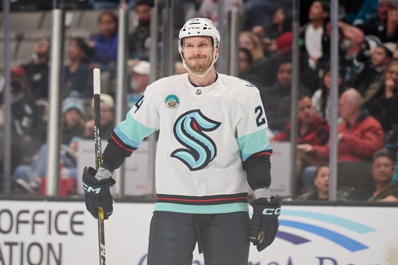 Jan 30, 2024; San Jose, California, USA; Seattle Kraken defenseman Jamie Oleksiak (24) reacts after a save by the San Jose Sharks during the first period at SAP Center at San Jose. Mandatory Credit: Robert Edwards-USA TODAY Sports