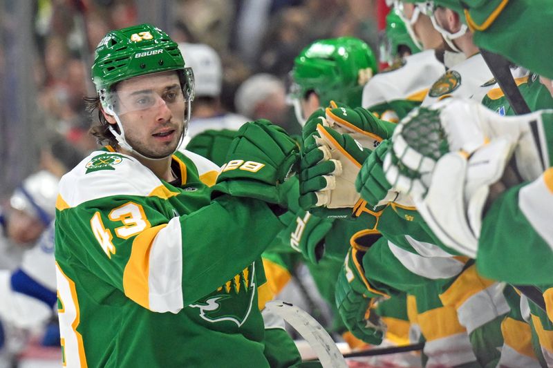 Mar 3, 2026; Saint Paul, Minnesota, USA;  Minnesota Wild defensemen Quinn Hughes (43) celebrates his goal against the Tampa Bay Lightning during the third period at Grand Casino Arena. Mandatory Credit: Nick Wosika-Imagn Images