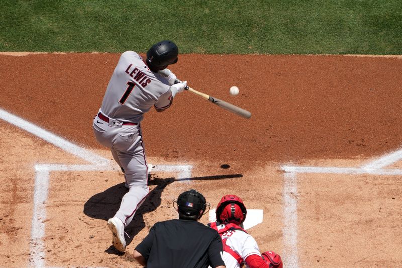 Jul 2, 2023; Anaheim, California, USA; Arizona Diamondbacks designated hitter Kyle Lewis (1) bats against the Los Angeles Angels at Angel Stadium. Mandatory Credit: Kirby Lee-USA TODAY Sports