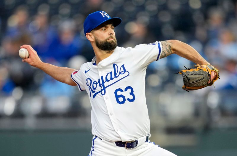 May 6, 2024; Kansas City, Missouri, USA; Kansas City Royals pitcher Nick Anderson (63) pitches during the seventh inning against the Milwaukee Brewers at Kauffman Stadium. Mandatory Credit: Jay Biggerstaff-USA TODAY Sports