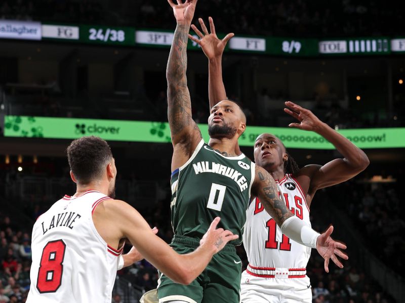 MILWAUKEE, WI - NOVEMBER 20: Damian Lillard #0 of the Milwaukee Bucks shoots the ball during the game against the Chicago Bulls on November 20, 2024 at the Fiserv Forum Center in Milwaukee, Wisconsin. NOTE TO USER: User expressly acknowledges and agrees that, by downloading and or using this Photograph, user is consenting to the terms and conditions of the Getty Images License Agreement. Mandatory Copyright Notice: Copyright 2024 NBAE (Photo by Gary Dineen/NBAE via Getty Images).