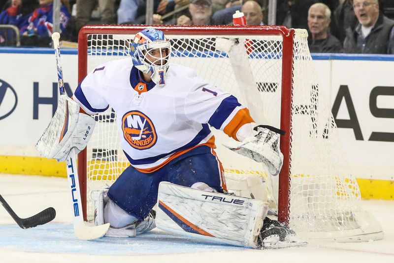 Sep 26, 2023; New York, New York, USA;  New York Islanders goaltender Jakub Skarek (1) prepares for a shot on goal attempt in the third period against the New York Rangers at Madison Square Garden. Mandatory Credit: Wendell Cruz-USA TODAY Sports