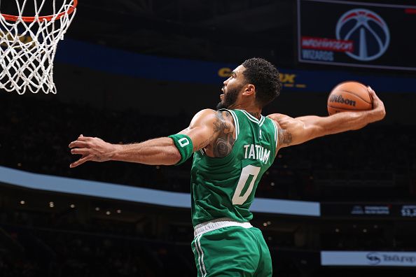 WASHINGTON, DC -? OCTOBER 30: Jayson Tatum #0 of the Boston Celtics dunks the ball during the game against the Washington Wizards on October 30, 2023 at Capital One Arena in Washington, DC. NOTE TO USER: User expressly acknowledges and agrees that, by downloading and or using this Photograph, user is consenting to the terms and conditions of the Getty Images License Agreement. Mandatory Copyright Notice: Copyright 2023 NBAE (Photo by Stephen Gosling/NBAE via Getty Images)