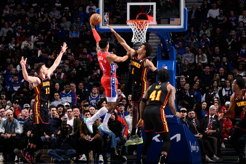 PHILADELPHIA, PA - FEBRUARY 9: Kenyon Martin Jr. #1 of the Philadelphia 76ers drives to the basket during the game against the Atlanta Hawks on February 9, 2024 at the Wells Fargo Center in Philadelphia, Pennsylvania NOTE TO USER: User expressly acknowledges and agrees that, by downloading and/or using this Photograph, user is consenting to the terms and conditions of the Getty Images License Agreement. Mandatory Copyright Notice: Copyright 2024 NBAE (Photo by David Dow/NBAE via Getty Images)