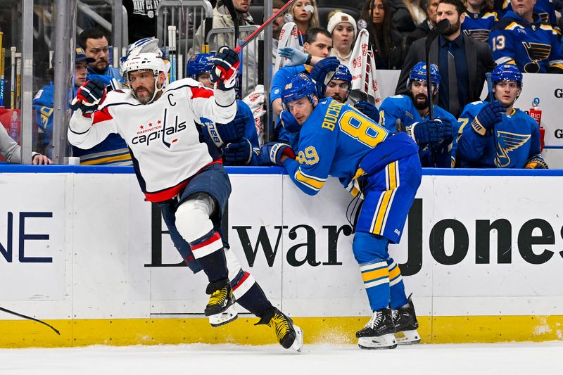 Jan 20, 2024; St. Louis, Missouri, USA;  Washington Capitals left wing Alex Ovechkin (8) is checked by St. Louis Blues left wing Pavel Buchnevich (89) during the first period at Enterprise Center. Mandatory Credit: Jeff Curry-USA TODAY Sports