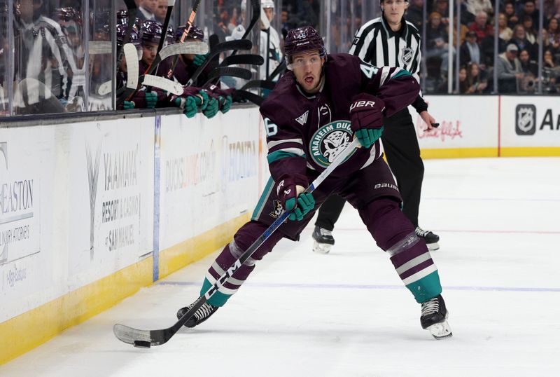 Nov 12, 2023; Anaheim, California, USA; Anaheim Ducks defenseman Ilya Lyubushkin (46) passes during the second period against the San Jose Sharks at Honda Center. Mandatory Credit: Jason Parkhurst-USA TODAY Sports