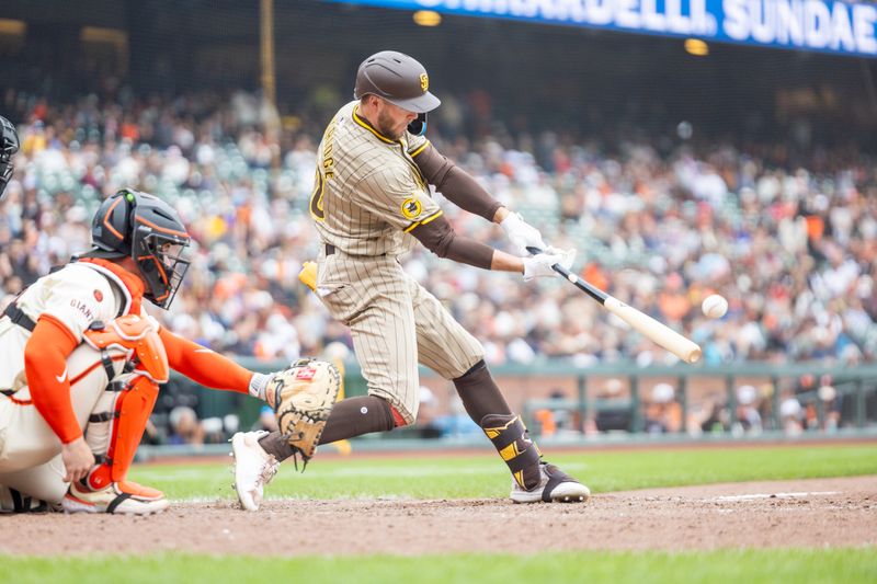 Sep 15, 2024; San Francisco, California, USA; San Diego Padres outfielder Brandon Lockridge (28) flies out to end the tenth inning against the San Francisco Giants at Oracle Park. Mandatory Credit: Bob Kupbens-Imagn Images