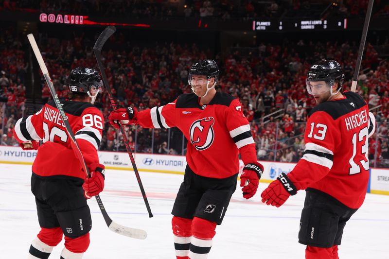 Oct 24, 2025; Newark, New Jersey, USA; New Jersey Devils defenseman Dougie Hamilton (7) celebrates his goal against the San Jose Sharks during the second period at Prudential Center. Mandatory Credit: Ed Mulholland-Imagn Images