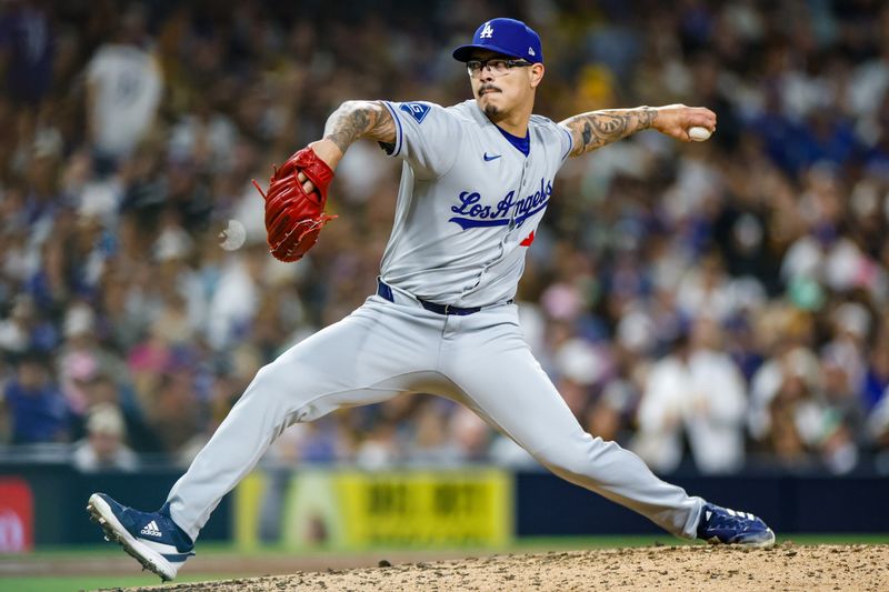 Jun 9, 2025; San Diego, California, USA; Los Angeles Dodgers relief pitcher Anthony Banda (43) throws a pitch during the sixth inning against the San Diego Padres at Petco Park. Mandatory Credit: David Frerker-Imagn Images