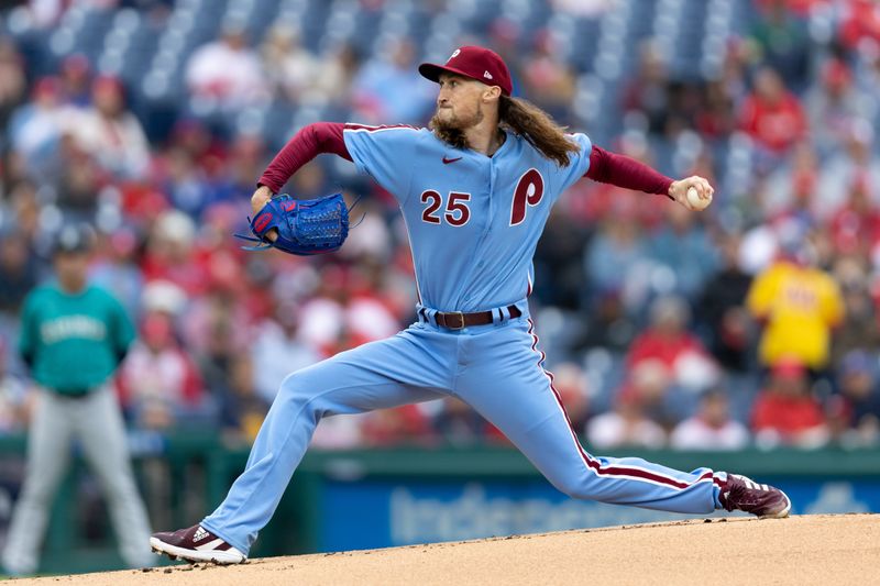 Apr 27, 2023; Philadelphia, Pennsylvania, USA; Philadelphia Phillies starting pitcher Matt Strahm (25) throws a pitch during the first inning against the Seattle Mariners at Citizens Bank Park. Mandatory Credit: Bill Streicher-USA TODAY Sports