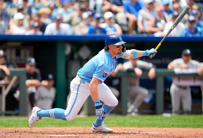 Jun 13, 2024; Kansas City, Missouri, USA; Kansas City Royals shortstop Bobby Witt Jr. (7) hits a single during the fourth inning against the New York Yankees at Kauffman Stadium. Mandatory Credit: Jay Biggerstaff-USA TODAY Sports