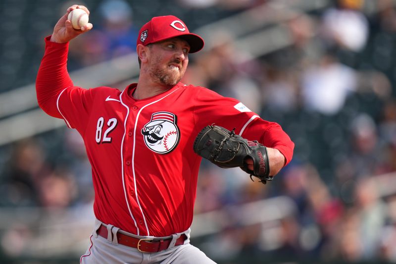 Feb. 24, 2024; Goodyear, Arizona, USA; Cincinnati Reds pitcher Brooks Kriske delivers a pitch in the sixth inning during a MLB spring training baseball game against the Cleveland Guardians at Goodyear Ballpark. Mandatory Credit: Kareem Elgazzar-USA TODAY Sports