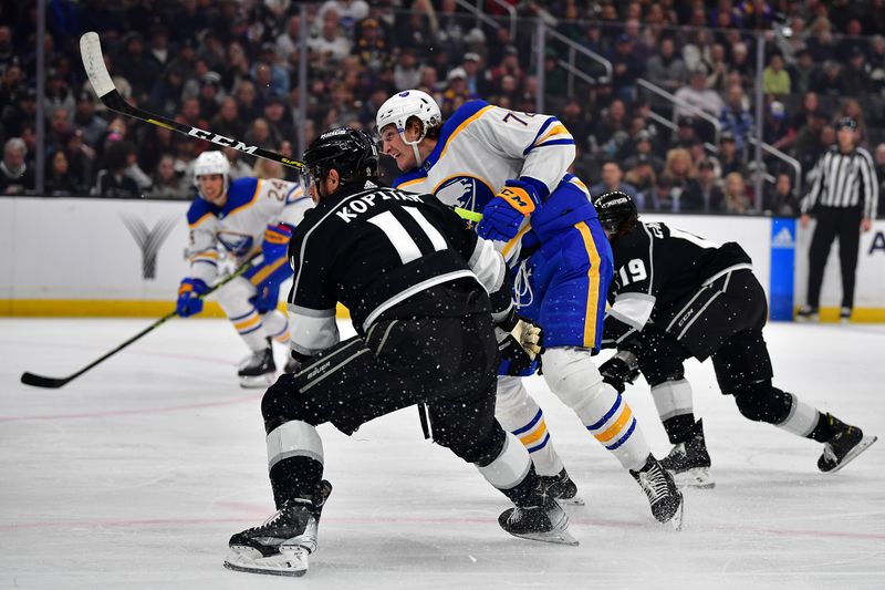 Feb 13, 2023; Los Angeles, California, USA; Buffalo Sabres center Tage Thompson (72) shoots against the defense of Los Angeles Kings center Anze Kopitar (11) and left wing Alex Iafallo (19) during the first period at Crypto.com Arena. Mandatory Credit: Gary A. Vasquez-USA TODAY Sports