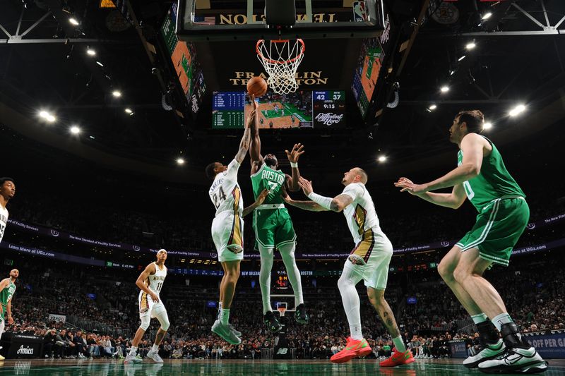 BOSTON, MA - JANUARY 12:  Jaylen Brown #7 of the Boston Celtics drives to the basket during the game against the New Orleans Pelicans on January 12, 2025 at TD Garden in Boston, Massachusetts. NOTE TO USER: User expressly acknowledges and agrees that, by downloading and/or using this Photograph, user is consenting to the terms and conditions of the Getty Images License Agreement. Mandatory Copyright Notice: Copyright 2025 NBAE (Photo by Brian Babineau/NBAE via Getty Images)