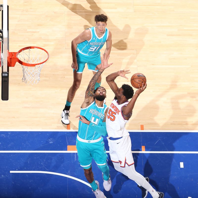 NEW YORK, NY - OCTOBER 15: Ariel Hukporti #55 of the New York Knicks drives to the basket during the game against the Charlotte Hornets during the 2024 NBA Preseason on October 15, 2024 at Madison Square Garden in New York City, New York.  NOTE TO USER: User expressly acknowledges and agrees that, by downloading and or using this photograph, User is consenting to the terms and conditions of the Getty Images License Agreement. Mandatory Copyright Notice: Copyright 2024 NBAE  (Photo by Nathaniel S. Butler/NBAE via Getty Images)