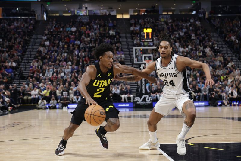 SALT LAKE CITY, UT - MARCH 27: Colin Sexton #2 of the Utah Jazz dribbles the ball during the game against the San Antonio Spurs on March 27, 2024 at Delta Center in Salt Lake City, Utah. NOTE TO USER: User expressly acknowledges and agrees that, by downloading and or using this Photograph, User is consenting to the terms and conditions of the Getty Images License Agreement. Mandatory Copyright Notice: Copyright 2024 NBAE (Photo by Chris Nicoll/NBAE via Getty Images)