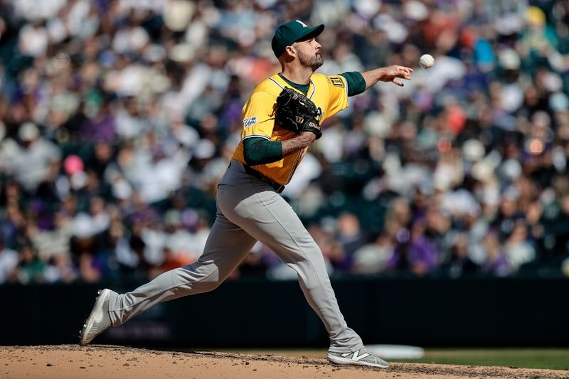 Apr 6, 2025; Denver, Colorado, USA; Athletics relief pitcher T.J. McFarland (48) pitches in the eighth inning against the Colorado Rockies at Coors Field. Mandatory Credit: Isaiah J. Downing-Imagn Images