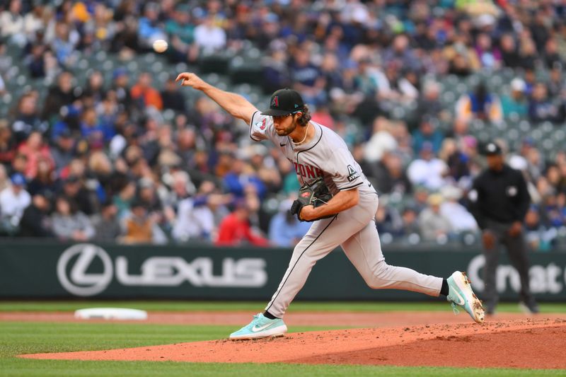 Apr 26, 2024; Seattle, Washington, USA; Arizona Diamondbacks starting pitcher Zac Gallen (23) pitches to the Seattle Mariners during the second inning at T-Mobile Park. Mandatory Credit: Steven Bisig-USA TODAY Sports