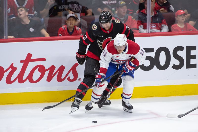 Oct 5, 2024; Ottawa, Ontario, CAN; Ottawa Senators defenseman nick jensen (3) and Montreal Canadiens right wing Brendan Gallgher (11) battle for control of the puck in the third period at the Canadian Tire Centre. Mandatory Credit: Marc DesRosiers-Imagn Images