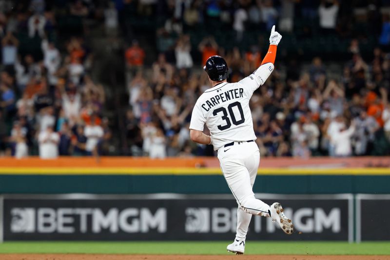 Sep 16, 2025; Detroit, Michigan, USA; Detroit Tigers outfielder Kerry Carpenter (30) runs the bases after hitting a home run in the ninth inning against the Cleveland Guardians at Comerica Park. Mandatory Credit: Rick Osentoski-Imagn Images