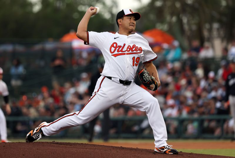 Mar 20, 2025; Sarasota, Florida, USA;  Baltimore Orioles starting pitcher Tomoyuki Sugano (19) throws a pitch during the first inning against the New York Yankees at Ed Smith Stadium. Mandatory Credit: Kim Klement Neitzel-Imagn Images