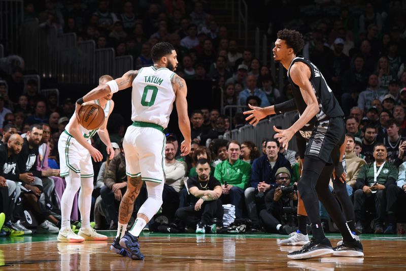 BOSTON, MA - FEBRUARY 12: Jayson Tatum #0 of the Boston Celtics handles the ball during the game against the San Antonio Spurs on February 12, 2025 at TD Garden in Boston, Massachusetts. NOTE TO USER: User expressly acknowledges and agrees that, by downloading and/or using this Photograph, user is consenting to the terms and conditions of the Getty Images License Agreement. Mandatory Copyright Notice: Copyright 2025 NBAE (Photo by Brian Babineau/NBAE via Getty Images)