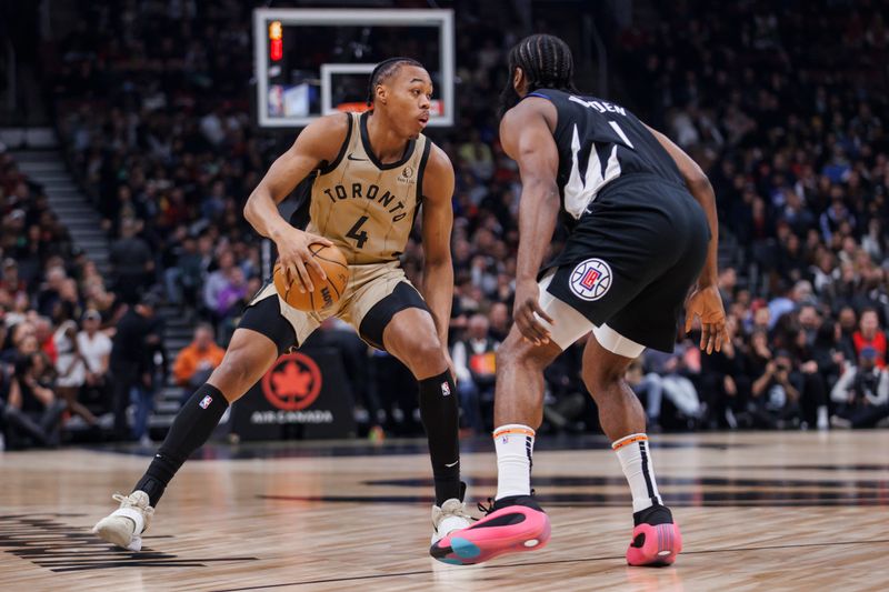 TORONTO, CANADA - JANUARY 26: Scottie Barnes #4 of the Toronto Raptors dribbles against James Harden #1 of the LA Clippers during the first half of their NBA game at Scotiabank Arena on January 26, 2024 in Toronto, Canada. NOTE TO USER: User expressly acknowledges and agrees that, by downloading and or using this photograph, User is consenting to the terms and conditions of the Getty Images License Agreement. (Photo by Cole Burston/Getty Images)