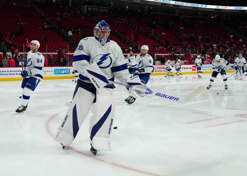 Nov 24, 2023; Raleigh, North Carolina, USA; Tampa Bay Lightning goaltender Andrei Vasilevskiy (88) skates before the game against the Carolina Hurricanes at PNC Arena. Mandatory Credit: James Guillory-USA TODAY Sports