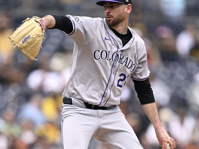 May 15, 2024; San Diego, California, USA; Colorado Rockies starting pitcher Austin Gomber (26) throws a pitch against the San Diego Padres during the first inning at Petco Park. Mandatory Credit: Orlando Ramirez-USA TODAY Sports