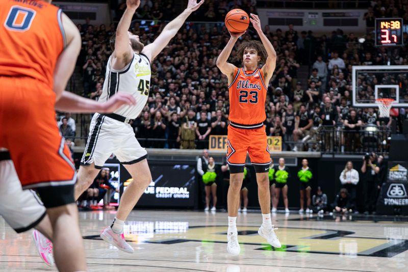 Jan 24, 2026; West Lafayette, Indiana, USA; Illinois Fighting Illini guard Keaton Wagler (23) shoots a three pointer during the first half against the Purdue Boilermakers at Mackey Arena. Mandatory Credit: Jacob Musselman-Imagn Images