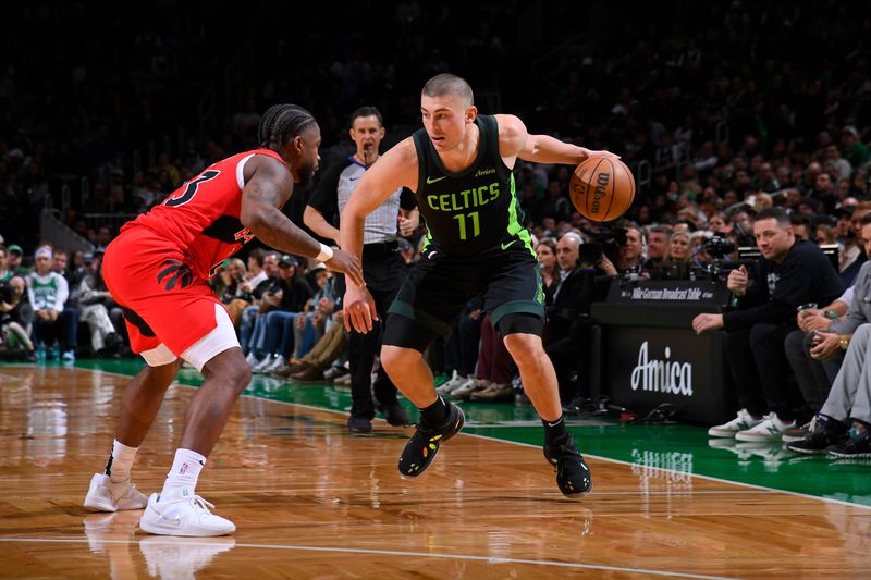 BOSTON, MA - NOVEMBER 16: Payton Pritchard #11 of the Boston Celtics dribbles the ball during the game against the Toronto Raptors on November 16, 2024 at TD Garden in Boston, Massachusetts. NOTE TO USER: User expressly acknowledges and agrees that, by downloading and/or using this Photograph, user is consenting to the terms and conditions of the Getty Images License Agreement. Mandatory Copyright Notice: Copyright 2024 NBAE (Photo by Brian Babineau/NBAE via Getty Images)