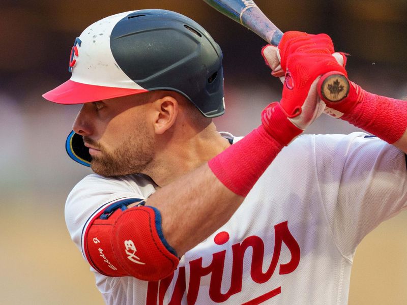 Aug 18, 2023; Minneapolis, Minnesota, USA; Minnesota Twins designated hitter Edouard Julien (47) at bat in the second inning agains the Pittsburgh Pirates at Target Field. Mandatory Credit: Matt Blewett-USA TODAY Sports