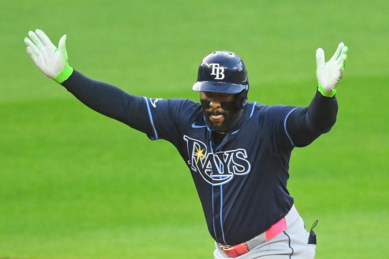 Sep 12, 2024; Cleveland, Ohio, USA; Tampa Bay Rays first baseman Yandy Diaz (2) celebrates his double in the first inning against the Cleveland Guardians at Progressive Field. Mandatory Credit: David Richard-Imagn Images