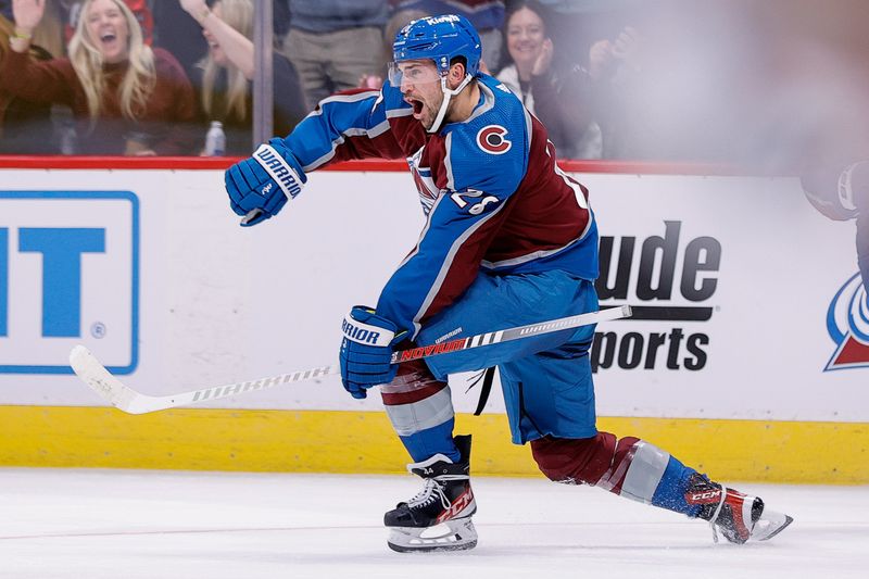 Nov 7, 2023; Denver, Colorado, USA; Colorado Avalanche left wing Miles Wood (28) celebrates after his goal in the second period against the New Jersey Devils at Ball Arena. Mandatory Credit: Isaiah J. Downing-USA TODAY Sports
