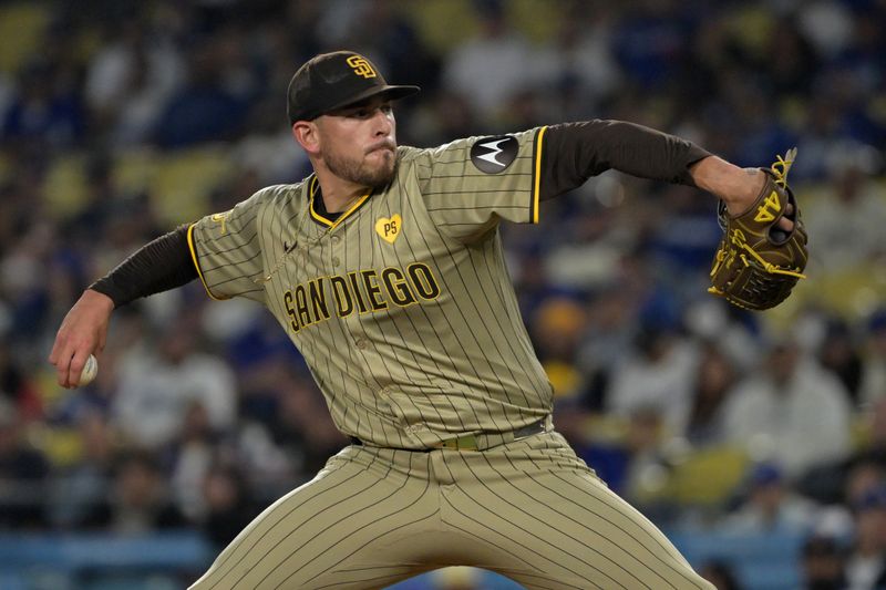 Sep 26, 2024; Los Angeles, California, USA;  San Diego Padres starting pitcher Joe Musgrove (44) delivers to the plate in the first inning against the Los Angeles Dodgers at Dodger Stadium. Mandatory Credit: Jayne Kamin-Oncea-Imagn Images