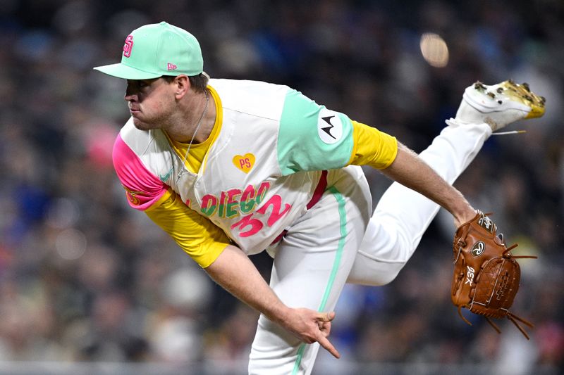 Apr 19, 2024; San Diego, California, USA; San Diego Padres relief pitcher Stephen Kolek (32) throws a pitch against the Toronto Blue Jays during the seventh inning at Petco Park. Mandatory Credit: Orlando Ramirez-USA TODAY Sports 