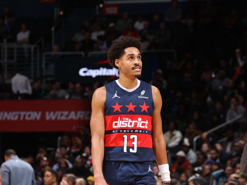 WASHINGTON, DC -? JANUARY 16: Jordan Poole #13 of the Washington Wizards looks on during the game against the Phoenix Suns on January 16, 2025 at Capital One Arena in Washington, DC. NOTE TO USER: User expressly acknowledges and agrees that, by downloading and or using this Photograph, user is consenting to the terms and conditions of the Getty Images License Agreement. Mandatory Copyright Notice: Copyright 2024 NBAE (Photo by Kenny Giarla/NBAE via Getty Images)