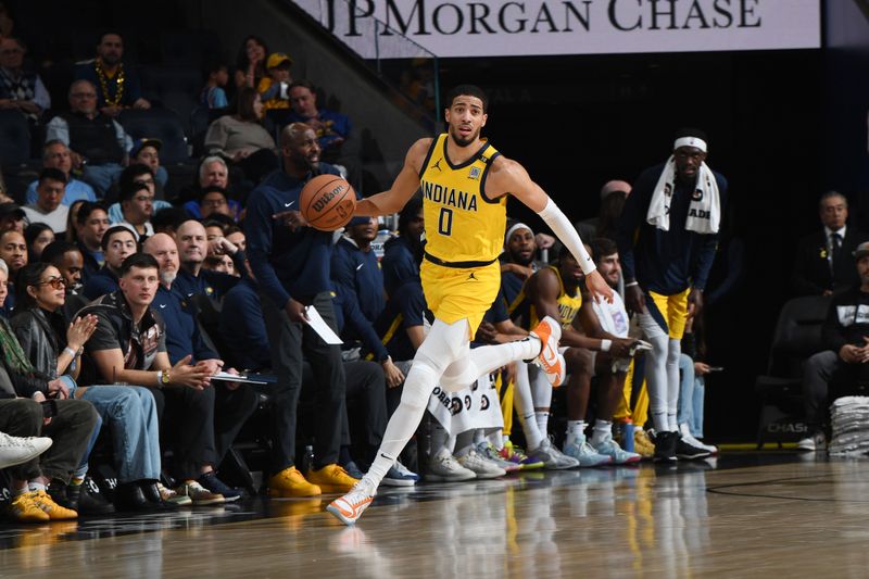 SAN FRANCISCO, CA - MARCH 22: Tyrese Haliburton #0 of the Indiana Pacers dribbles the ball during the game against the Golden State Warriors on March 22, 2024 at Chase Center in San Francisco, California. NOTE TO USER: User expressly acknowledges and agrees that, by downloading and or using this photograph, user is consenting to the terms and conditions of Getty Images License Agreement. Mandatory Copyright Notice: Copyright 2024 NBAE (Photo by Noah Graham/NBAE via Getty Images)