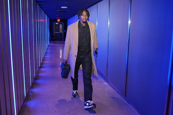 PHILADELPHIA, PA - NOVEMBER 27: Tyrese Maxey #0 of the Philadelphia 76ers arrives to the arena before the game against the Los Angeles Lakers on November 27, 2023 at the Wells Fargo Center in Philadelphia, Pennsylvania NOTE TO USER: User expressly acknowledges and agrees that, by downloading and/or using this Photograph, user is consenting to the terms and conditions of the Getty Images License Agreement. Mandatory Copyright Notice: Copyright 2023 NBAE (Photo by Jesse D. Garrabrant/NBAE via Getty Images)