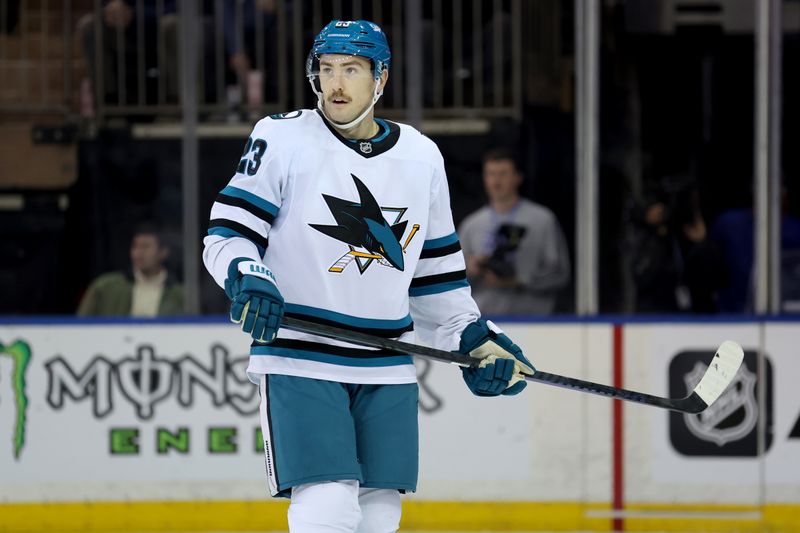 Nov 14, 2024; New York, New York, USA; San Jose Sharks right wing Barclay Goodrow (23) skates against the New York Rangers during the first period at Madison Square Garden. Mandatory Credit: Brad Penner-Imagn Images