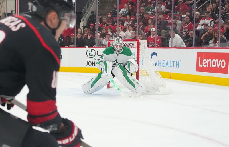 Nov 25, 2024; Raleigh, North Carolina, USA;  Dallas Stars goaltender Jake Oettinger (29) watches the play against the Carolina Hurricanes during the third period at Lenovo Center. Mandatory Credit: James Guillory-Imagn Images