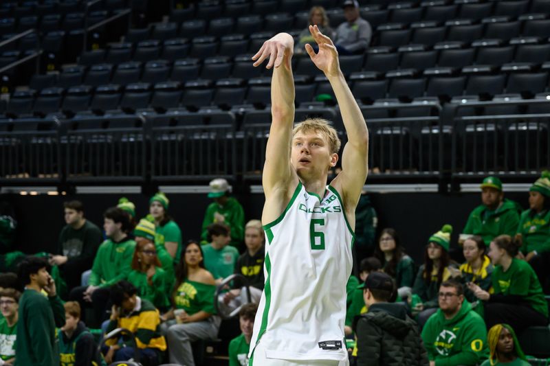 Jan 18, 2025; Eugene, Oregon, USA; Oregon Ducks forward Oleksandr Kobzystyi (6) shoots the ball before the game against the Purdue Boilermakers at Matthew Knight Arena. Mandatory Credit: Craig Strobeck-Imagn Images