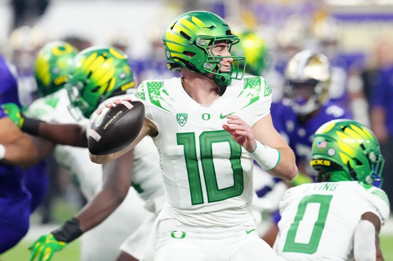 Dec 1, 2023; Las Vegas, NV, USA; Oregon Ducks quarterback Bo Nix (10) looks to throw against the Washington Huskies during the first quarter at Allegiant Stadium. Mandatory Credit: Stephen R. Sylvanie-USA TODAY Sports