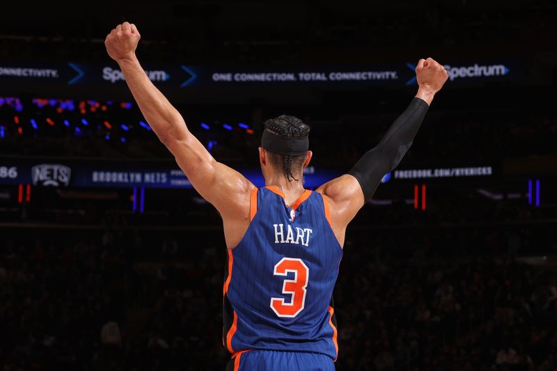 NEW YORK, NY - MARCH 23: Josh Hart #3 of the New York Knicks celebrates during the game against the Brooklyn Nets on March 23, 2024 at Madison Square Garden in New York City, New York.  NOTE TO USER: User expressly acknowledges and agrees that, by downloading and or using this photograph, User is consenting to the terms and conditions of the Getty Images License Agreement. Mandatory Copyright Notice: Copyright 2024 NBAE  (Photo by Nathaniel S. Butler/NBAE via Getty Images)