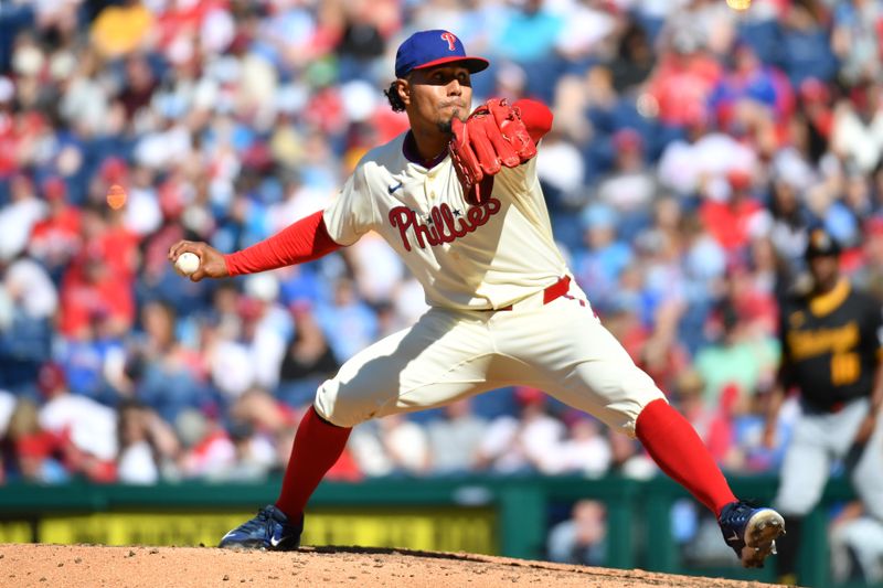 Apr 14, 2024; Philadelphia, Pennsylvania, USA; Philadelphia Phillies pitcher Ricardo Pinto (51) throws a pitch during the ninth inning against the Pittsburgh Pirates at Citizens Bank Park. Mandatory Credit: Eric Hartline-USA TODAY Sports